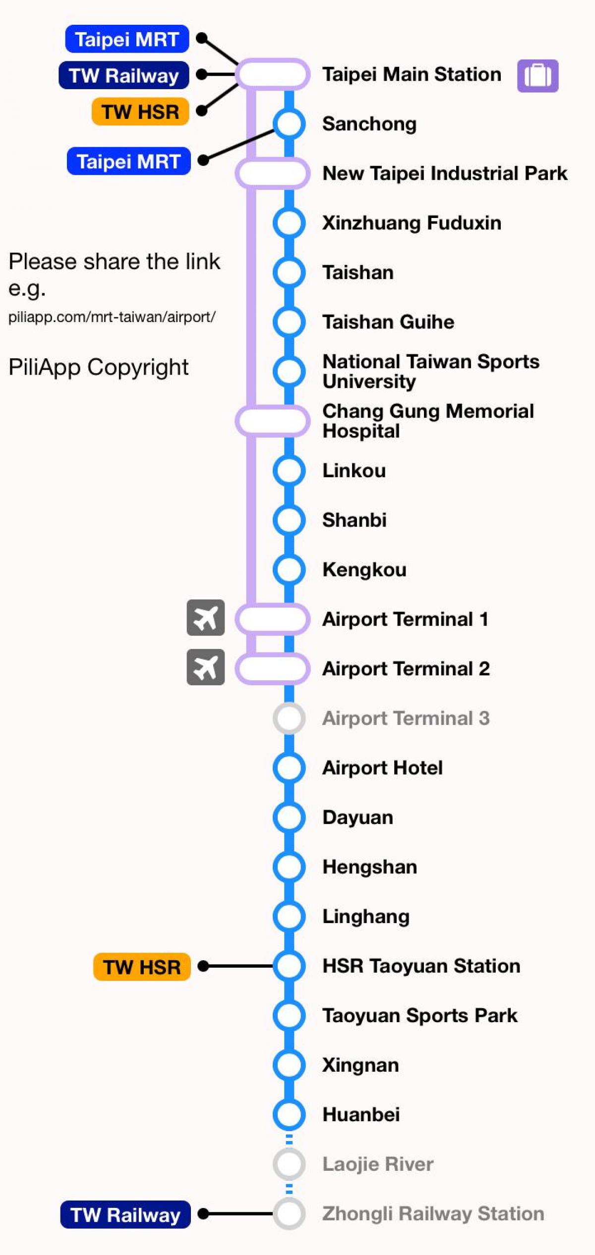 Поездка до аэропорта Тайбэй Таоюань MRT карту 